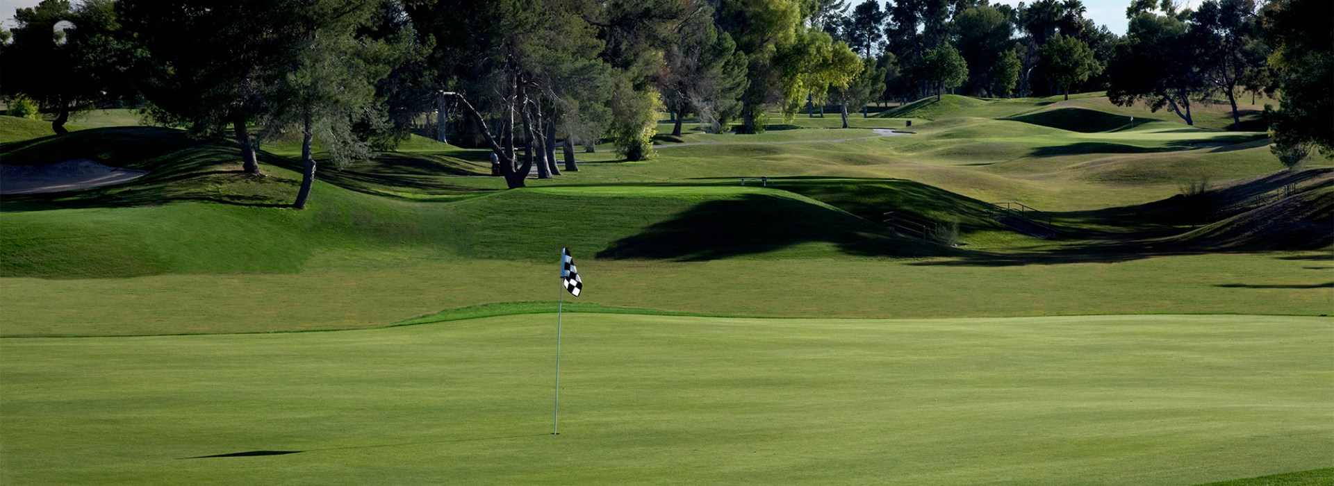 A checkered flag overlooking rolling greens.