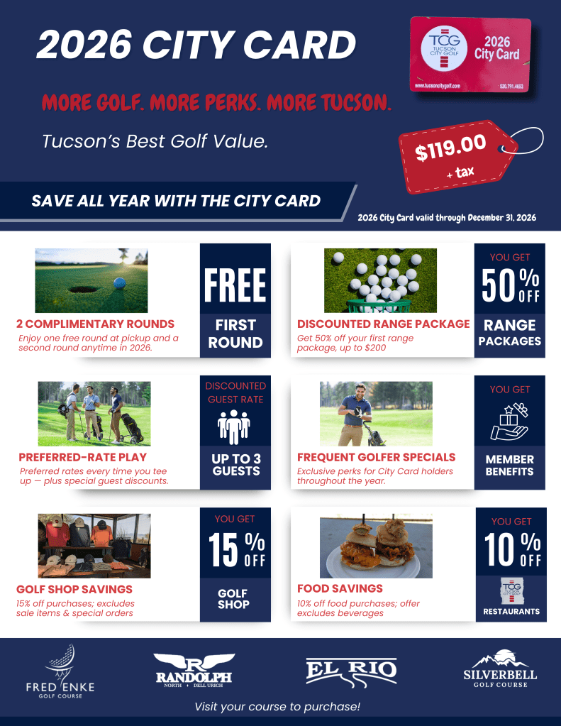 Get the 2026 Tucson City Card for golf perks, preferred rates, and a free round at Tucson golf courses. Enjoy savings all season.