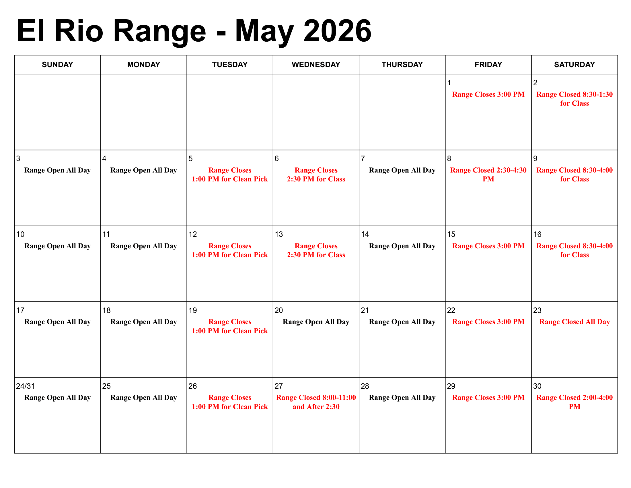 El Rio Golf Course range calendar for the month of May 2026
