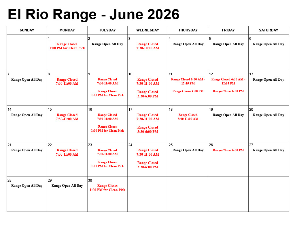 El Rio's June 2026 driving range calendar